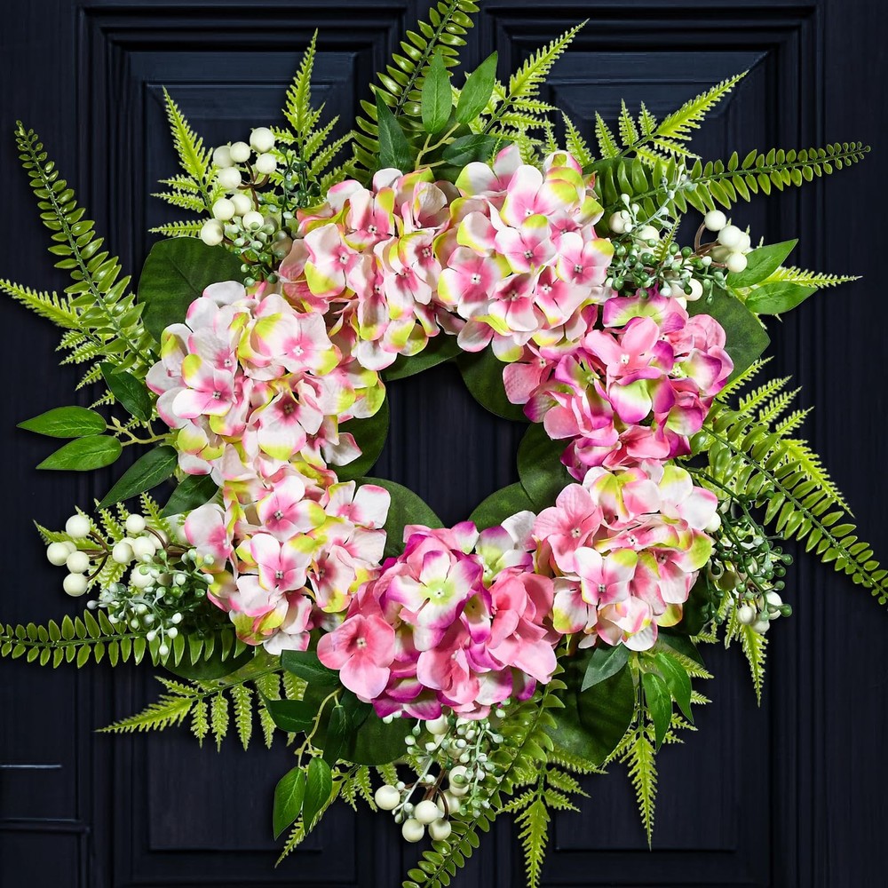 Beinhome 25-inch Ombre Pink Hydrangea Spring Door Wreath