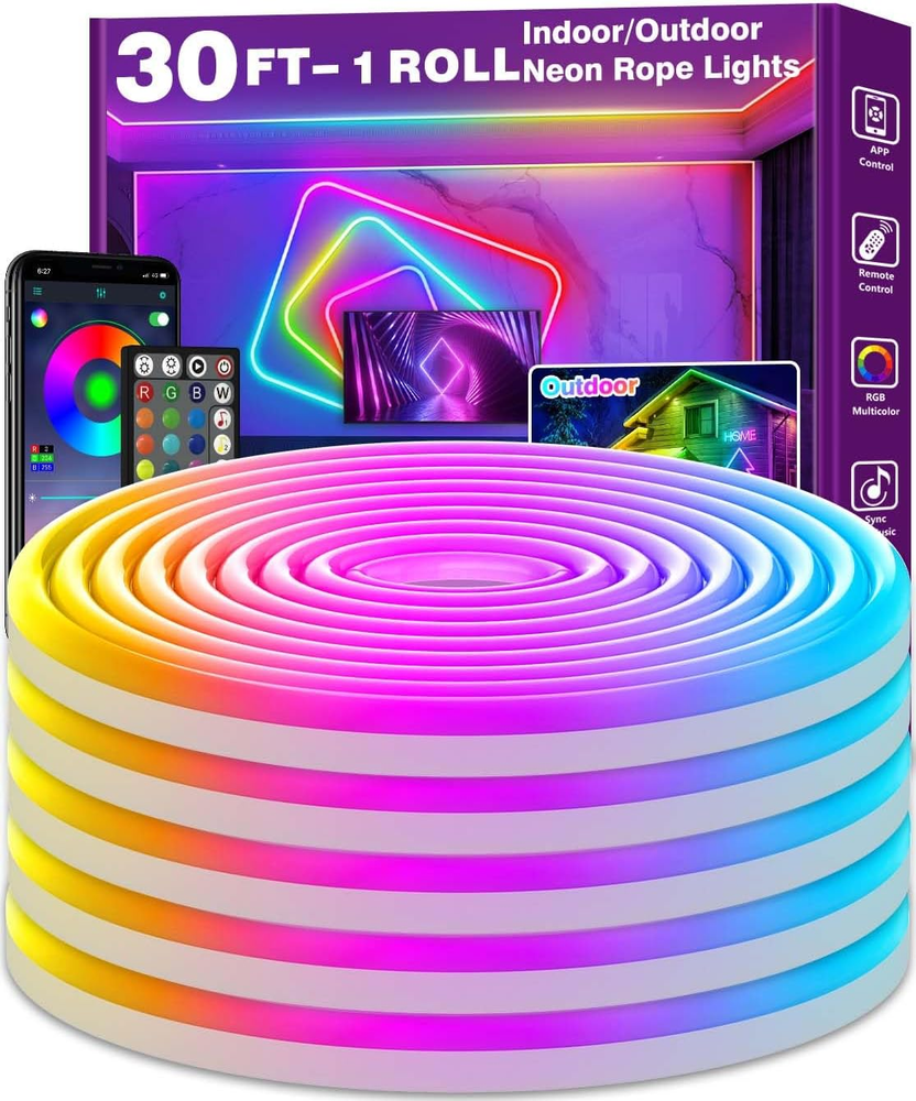 30Ft App/Remote-Controlled Flexible Neon LED Rope Lights in Multi-Colors