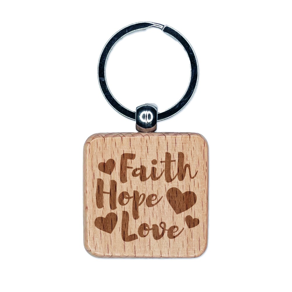 Faith Hope Love Heart Engraved Wooden Keychain Tag Charm