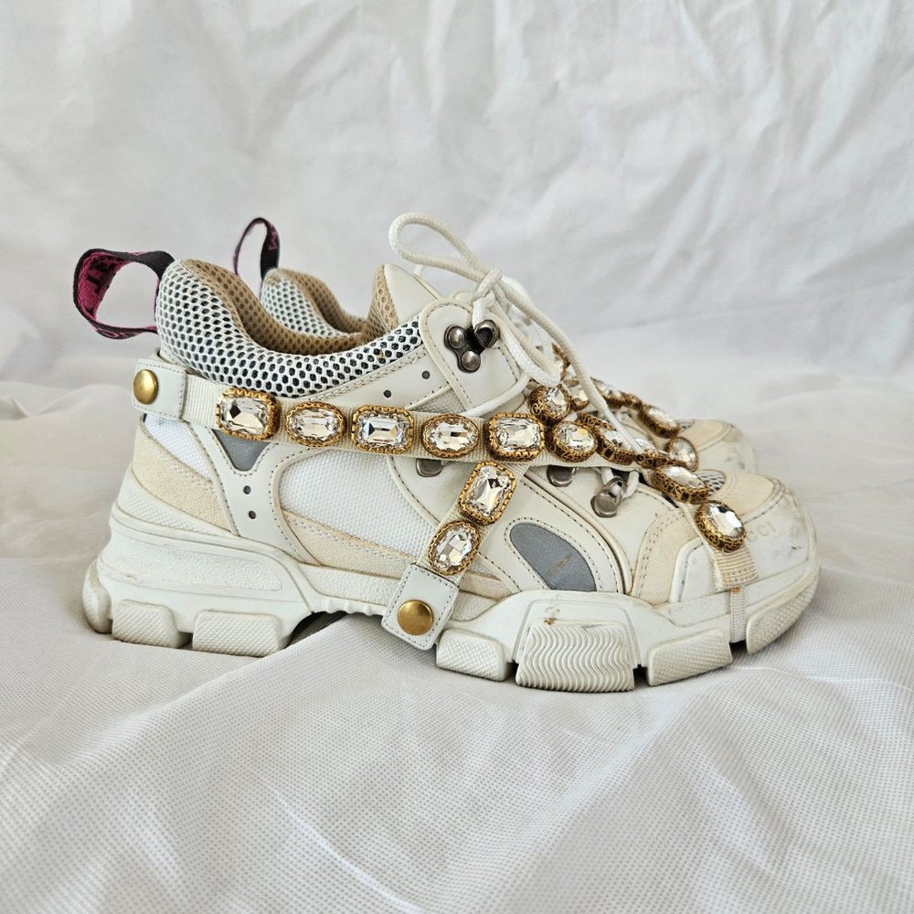 Gucci Cream Leather & Suede Flashtrek Lace Up Sneakers, Size 39