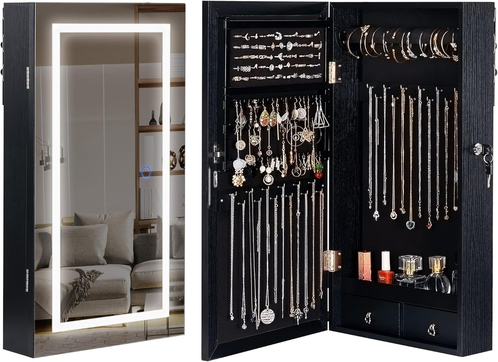 LED Jewelry Armoire Mirror with Lights - Wall or Door Mounted Frameless Design