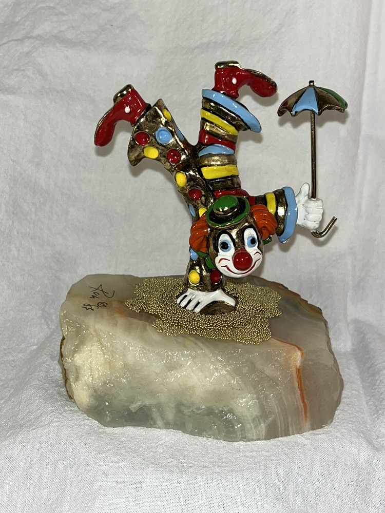 Vintage 1989 Retired Ron Lee Hobo Clown Enamel Figurine with Umbrella on Onyx Base