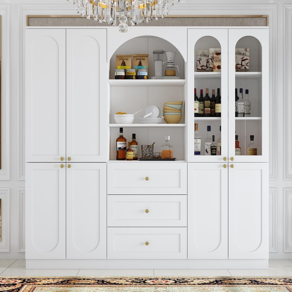 Modern Tall Wooden Pantry Cabinet with Glass Doors & Arch Design