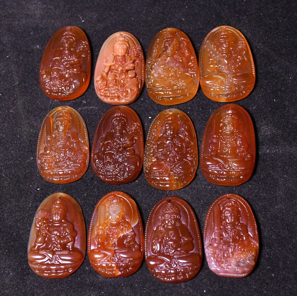 3.8CM China Agate Onyx Carved Kwan-yin Shakyamuni Buddha Amulet Pendant Set