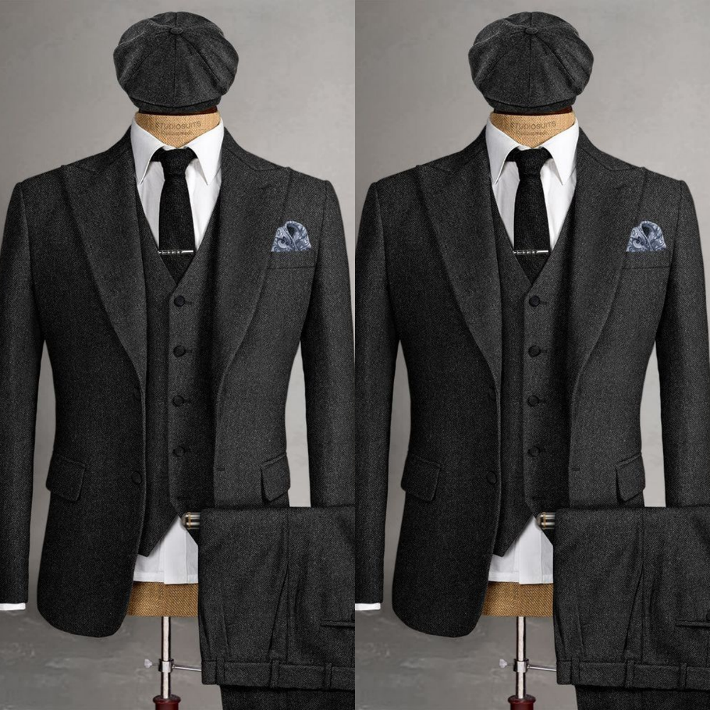 Black Men's Suit Woolen Business Formal 3Pcs Workwear Offical Tuxedo Jacket