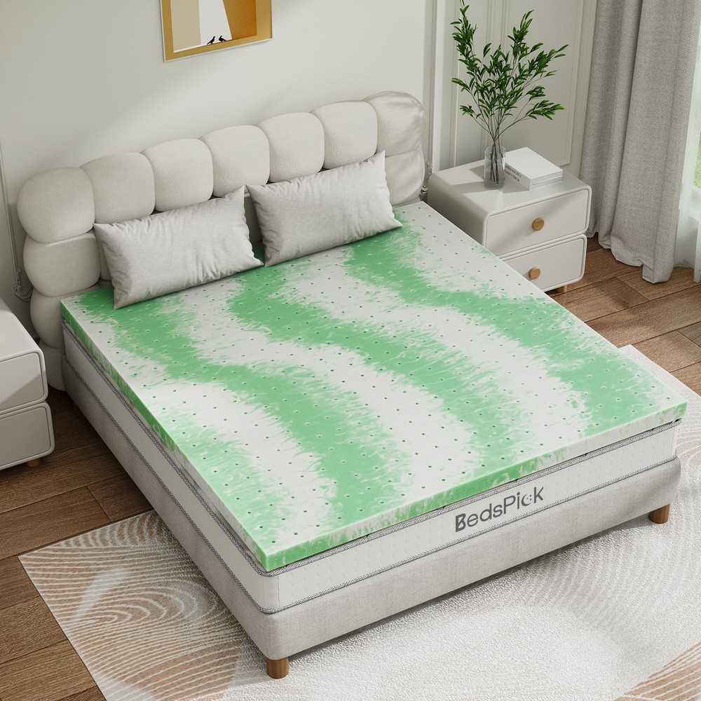 Green Tea Memory Foam Mattress Topper Twin, 3 Inch Thick Gel Infused Bed Topp...