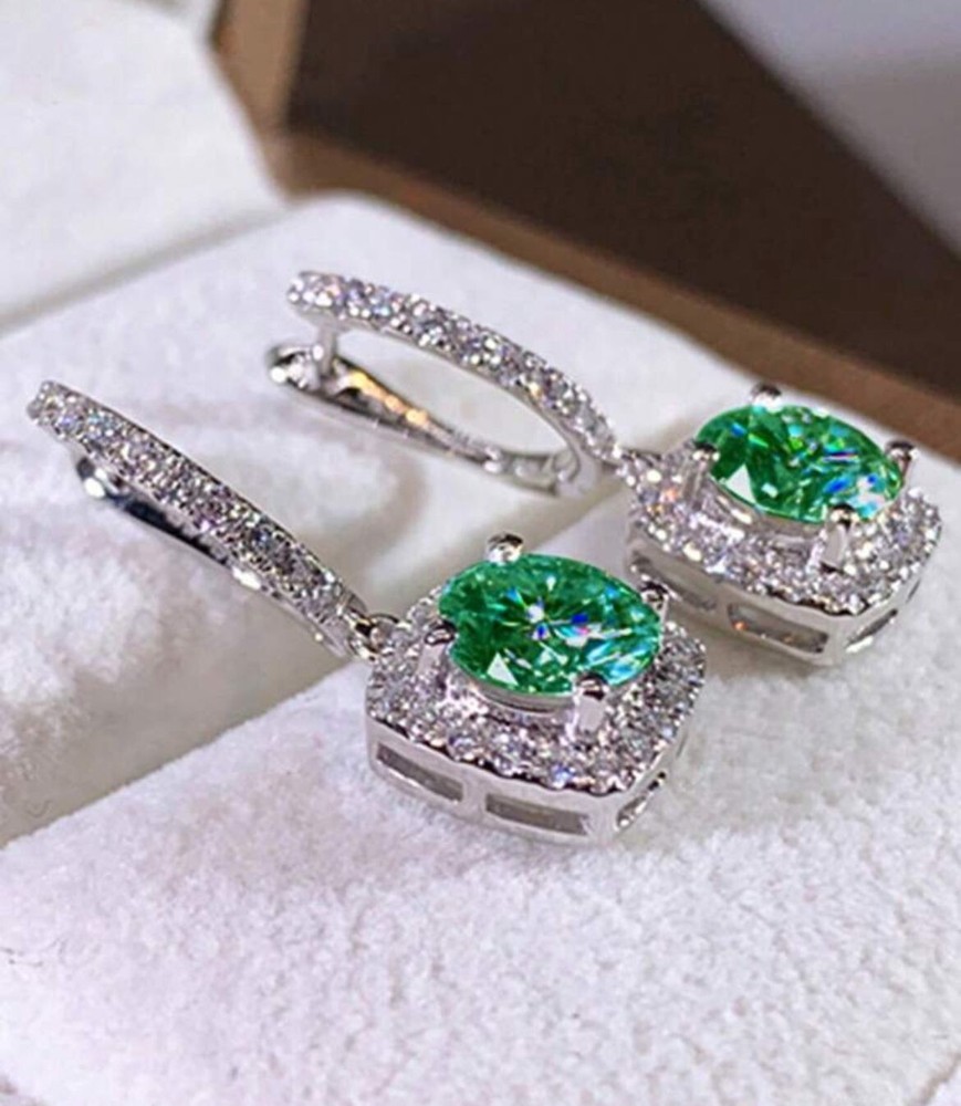 Green Crystal Drop Earrings with White Zircon in Silver-Plated Setting