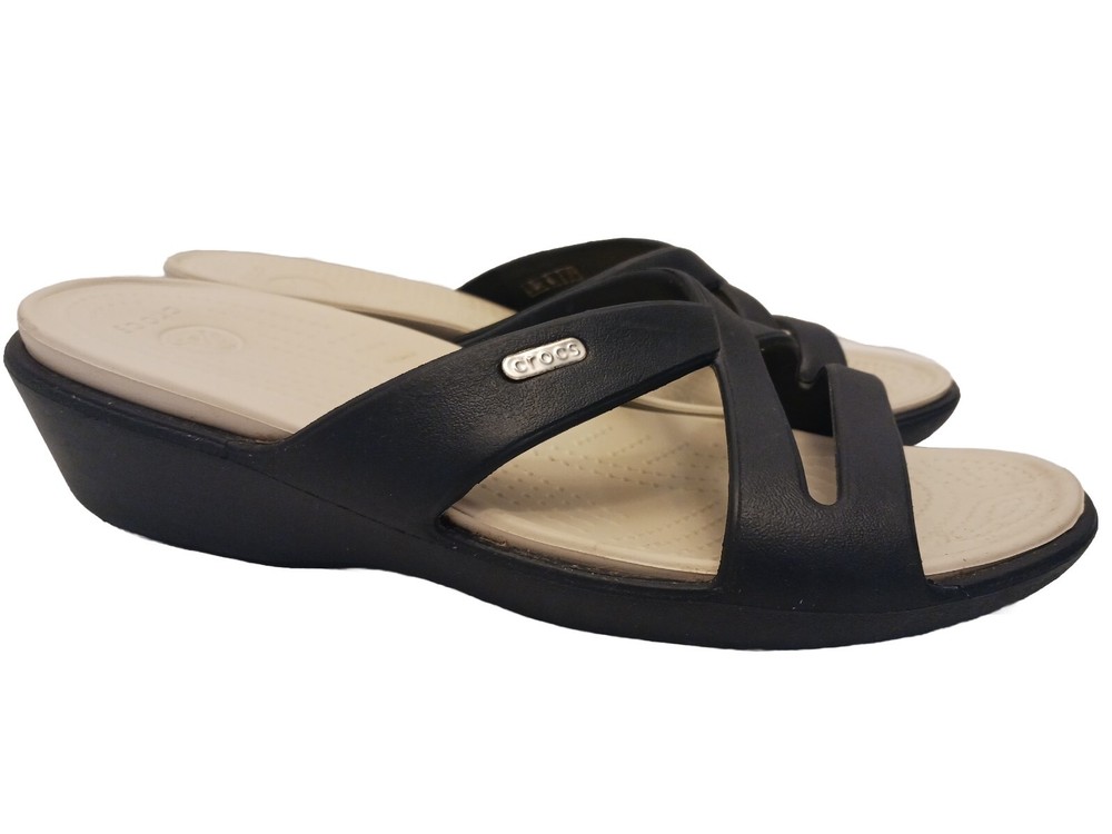 Crocs Patricia Low Wedge Slide Sandals for Women Navy Blue Size 10 Strappy EUC