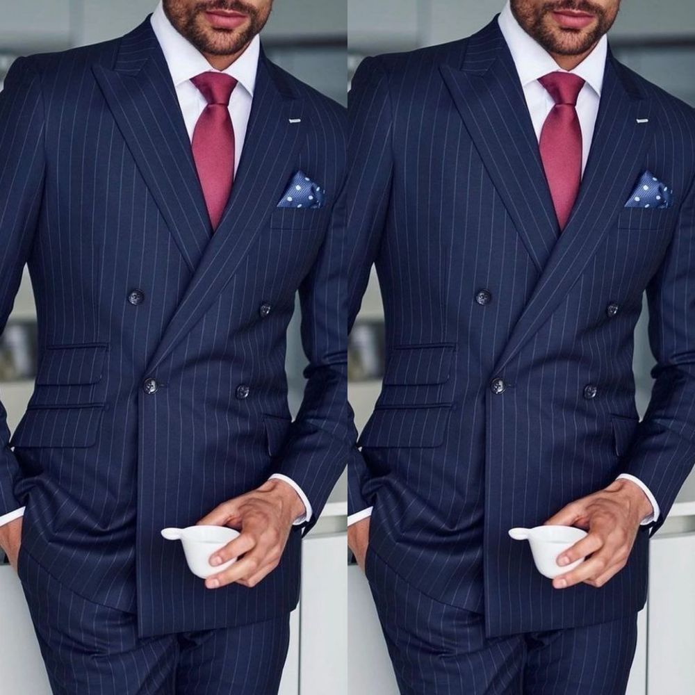 Pin Striped Men's Suit Double Breasted Busienss 2Pcs Offical  Tuxedo Jacket