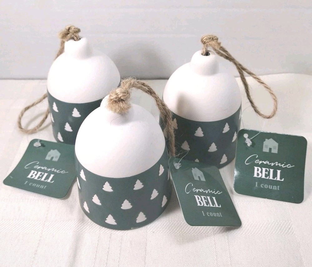Ceramic Christmas Hanging Bells with Green and White Tree Design