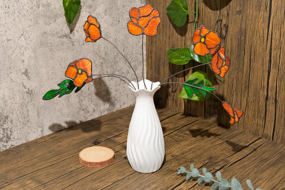 Vibrant Orange California Poppy Stained Glass Flower Set of 7 for Garden Decor