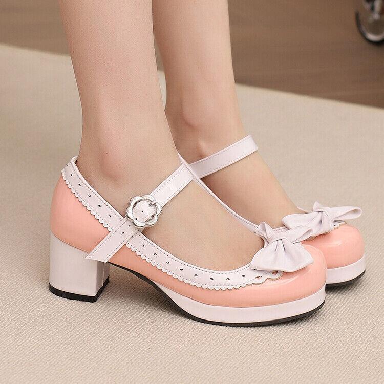 Women's Cute Lolita Mary Jane Shoes with Bows Chunky Block Heel Plus Size  