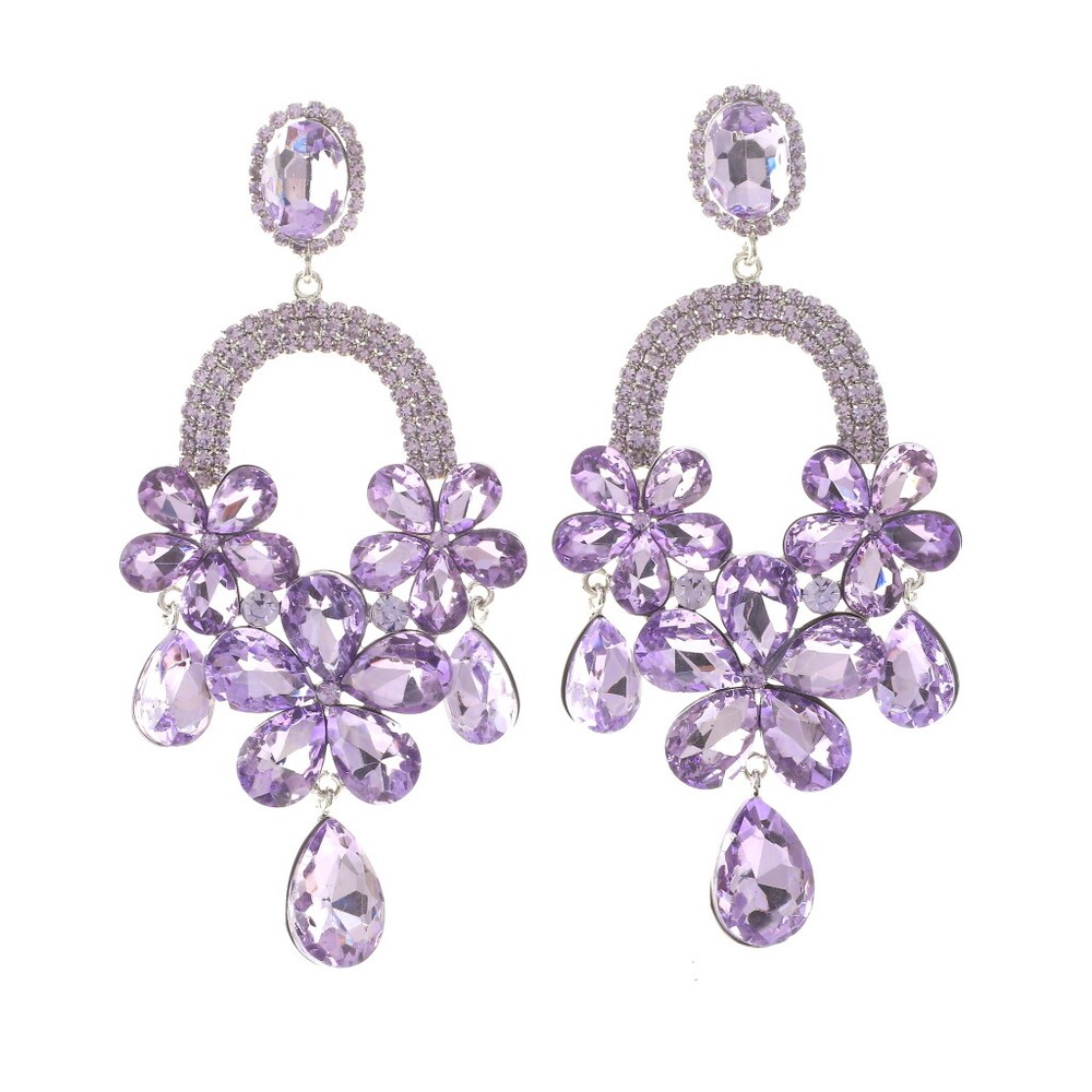 Silver Tone Metal Rhinestone Large Crystal Chandelier Post Earrings ESE9967-LAV