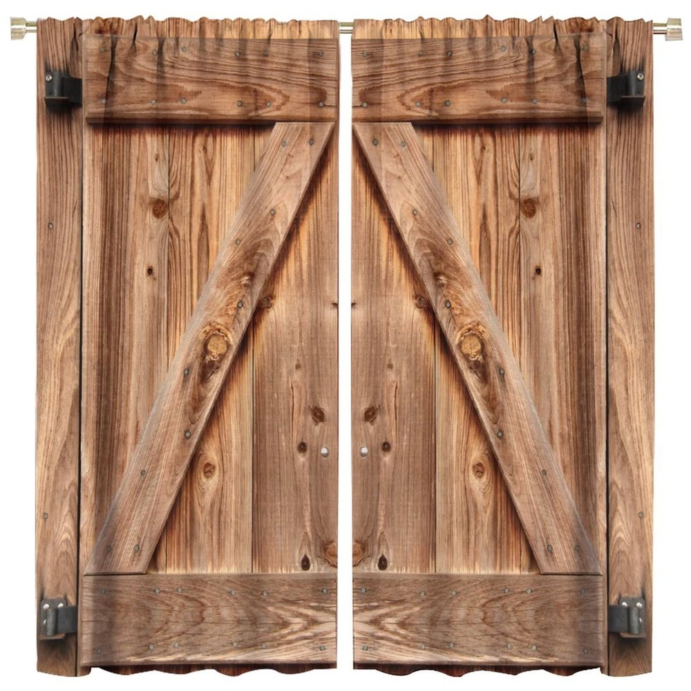 Rustic Brown Wooden Barn Door Blackout Curtains for Farmhouse Style