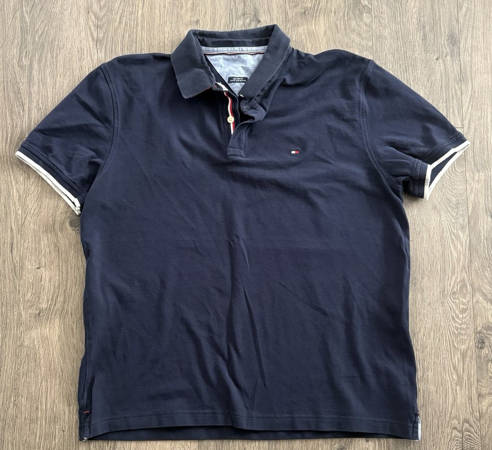 Tommy Hilfiger Men’s Polo Custom Fit Size XL Navy Red White Logo Preppy Collar