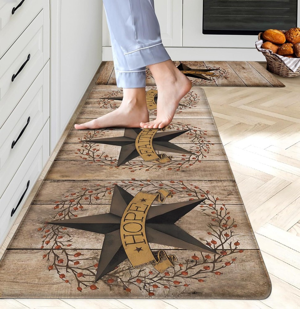 Western Rustic Cushioned Anti-Fatigue Kitchen Mat Set of 2 for Comfortable Cooking