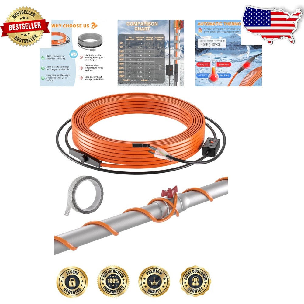 Energy-Saving Thermostat-Controlled Heating Cable for Metal & Plastic Pipes