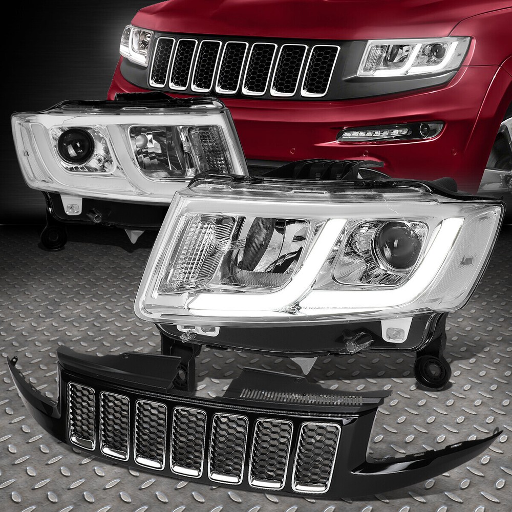 FOR 14-16 JEEP GRAND CHEROKEE 2PCS LED DRL PROJECTOR HEADLIGHTS+BUMPER GRILLE