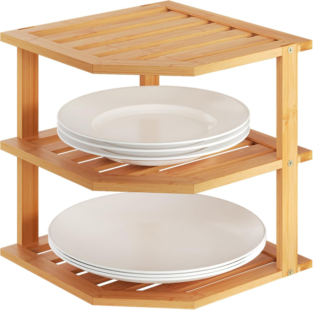 3 Tier Bamboo Corner Shelf for Dishes Spices Kitchen Storage