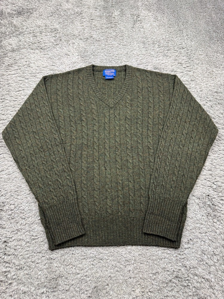 Pendleton Sweater Men Small Green Lambs Wool Shetland Cable Knit Fisherman Vtg