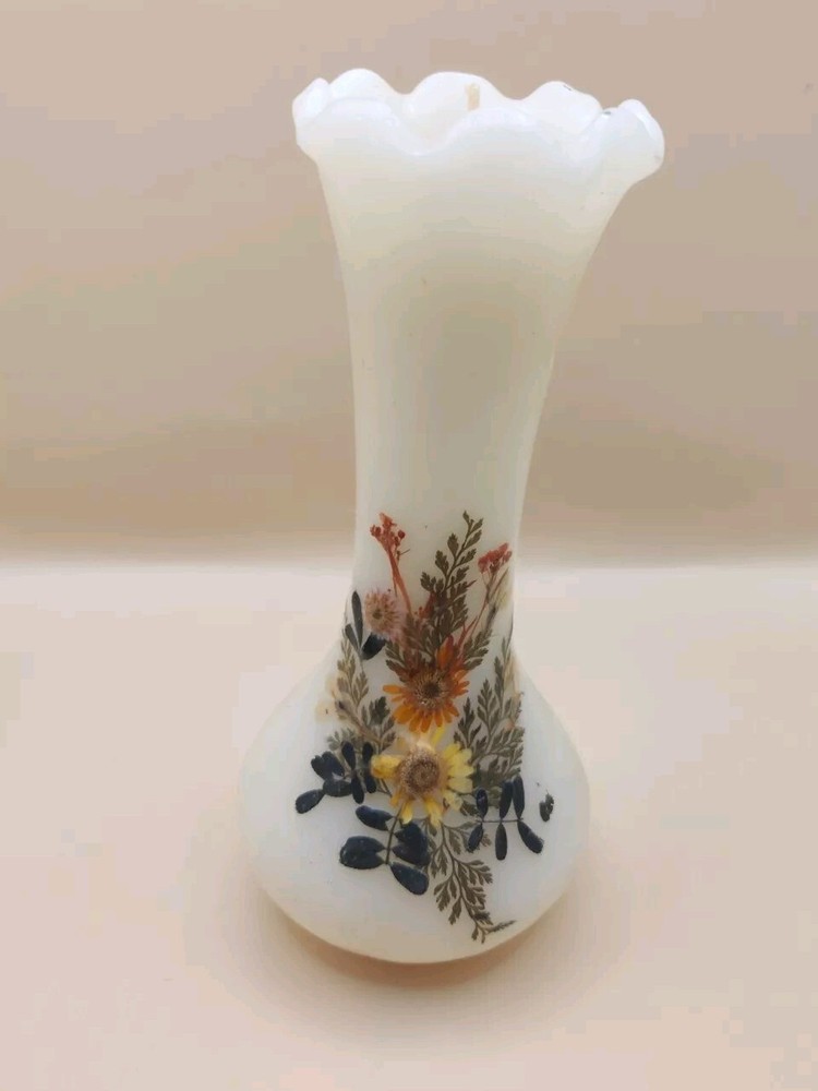Vintage Boho Style Candle Unscented Fenton Vase Shaped With Dried Flowers
