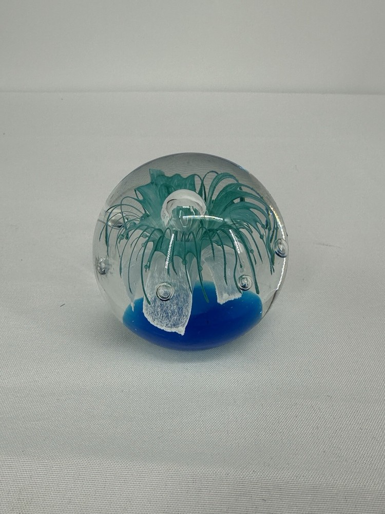 Paperweight Art Glass Sphere With Controlled Bubbles Blue & Clear 3” Jellyfish
