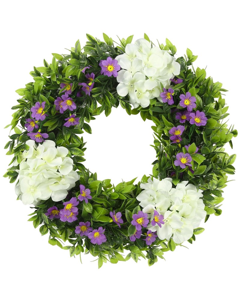 18 Inch White Hydrangea Wreath for Spring Summer Front Door Decor