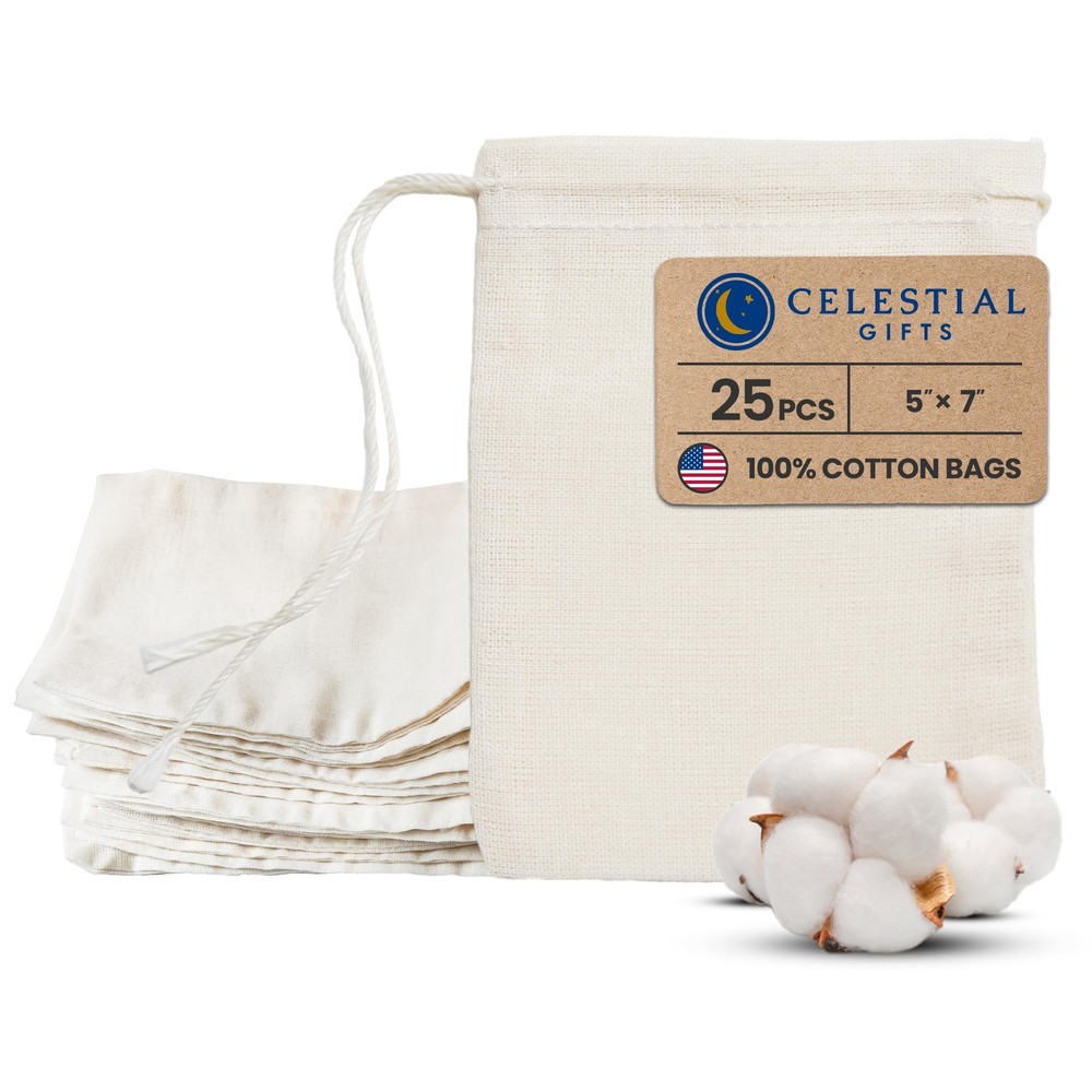 Muslin Bags 25pcs 5x7, 100% Cotton Drawstring Bags for Party Favors and Spice...