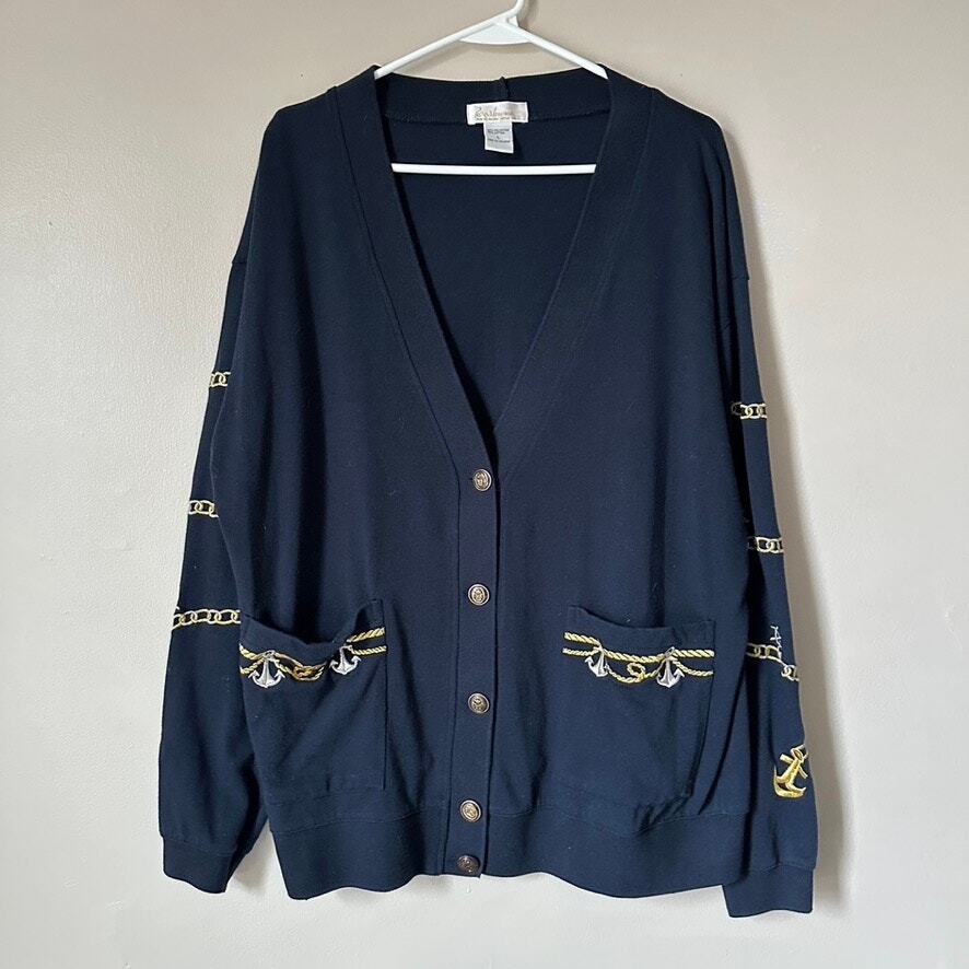 Vintage Nautical Embroidered Tara Vanessa Womens Large Cardigan Sweater with Button Front