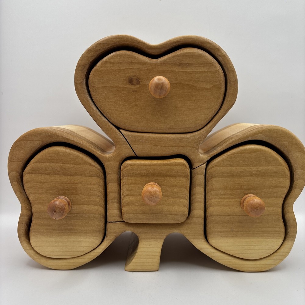 Irish Shamrock Wood Carved Jewelry Keepsake Box 4 Drawer Felt Lined