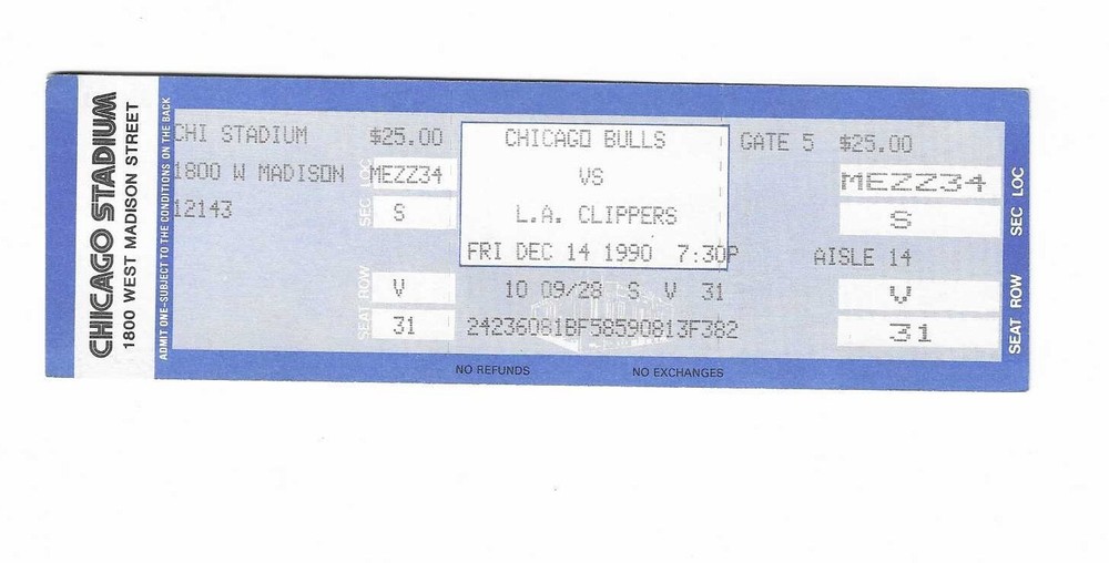 Chicago Bulls vs Los Angeles Clippers Unused Basketball Ticket from 12/14/1990