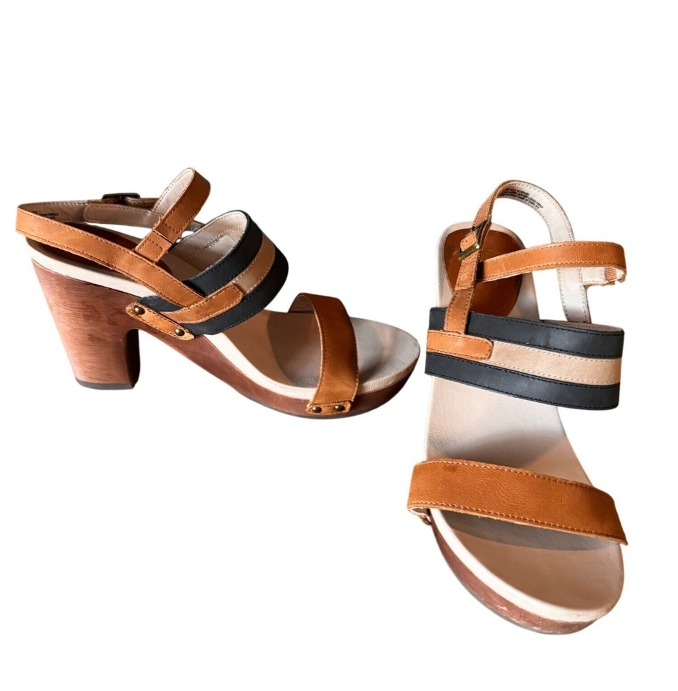 Jambu Viola Womens Leather Heeled Sandals 9.5M Brown Black Platform Buckle Slings