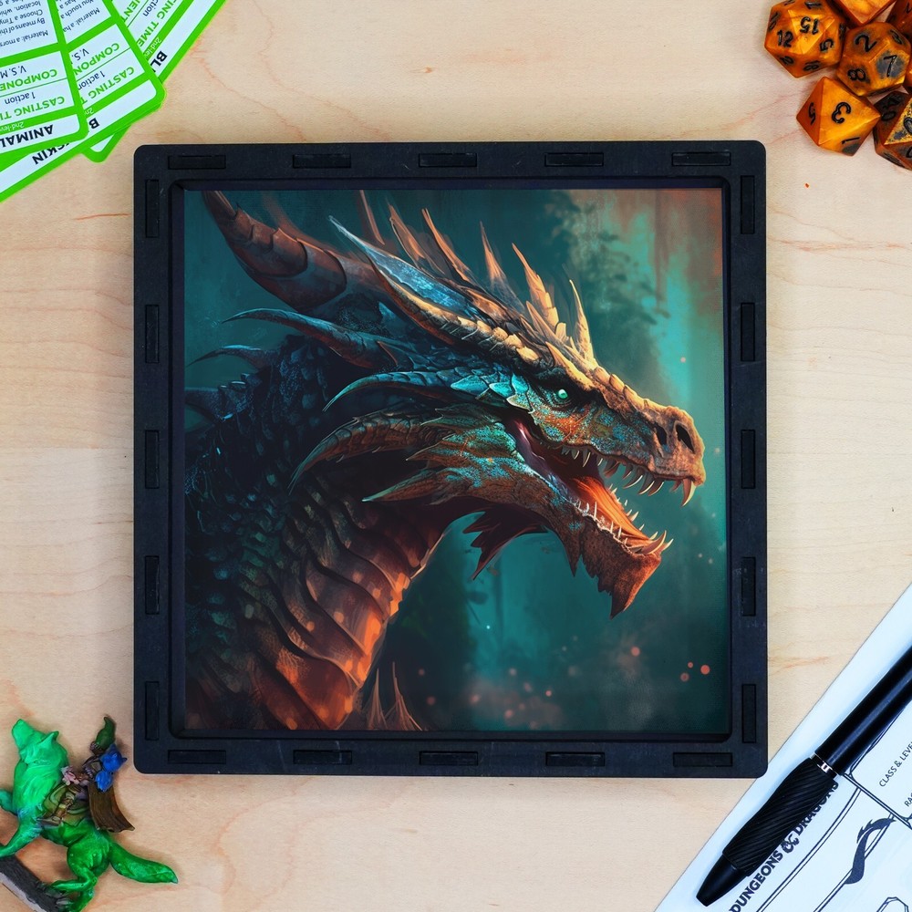 Square Dice Tray, Dragon Wooden Dice Tray, D&D Rolling Tray for tabletop Games