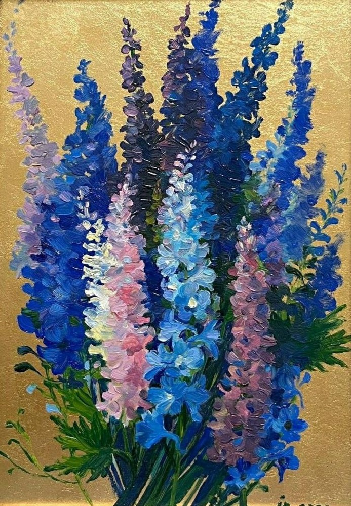 art 350 originalpainting 30x21 cm oil on cardboard potal delphiniums still life