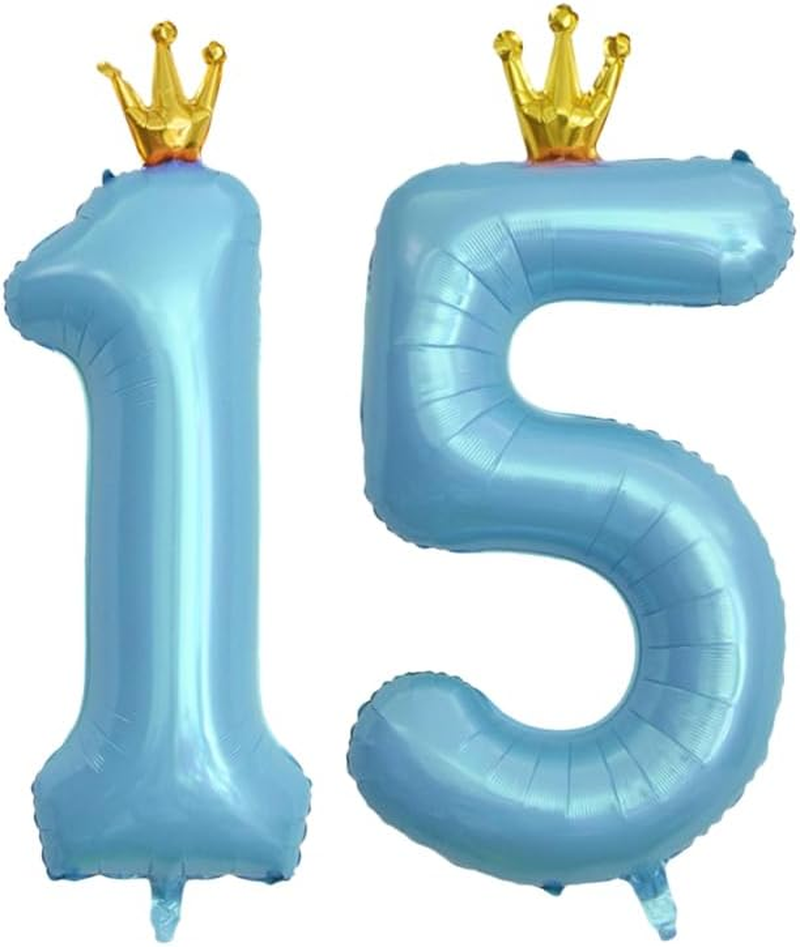 40 Inch Blue Crown Number 15 Balloons, 15Th Large Foil Helium Balloons,Gold 15Th
