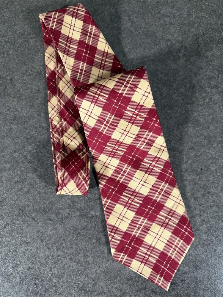 Sulka New York London Paris Tie Made In France Burgundy Cream Plaid Silk Necktie
