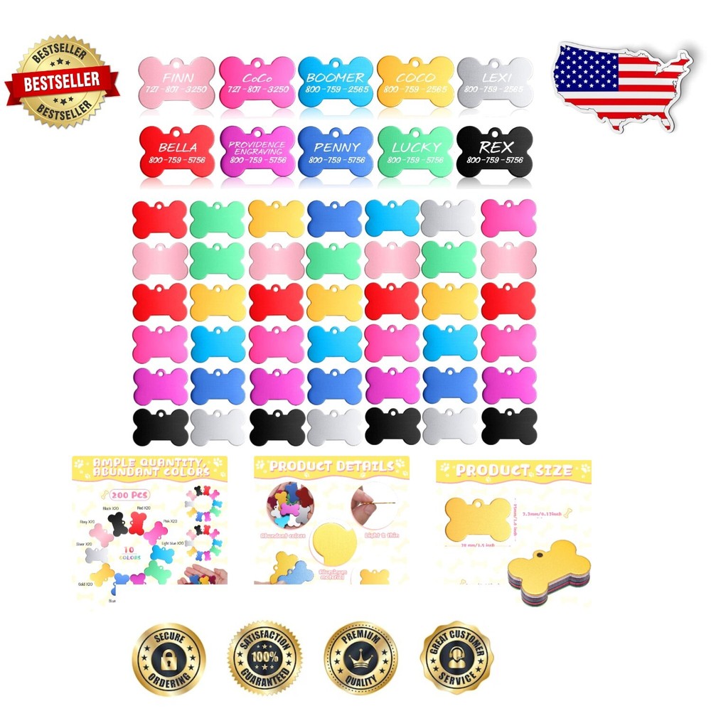 Personalized Bone-Shaped Pet ID Tags - Engrave Names & Numbers, 200 Pack