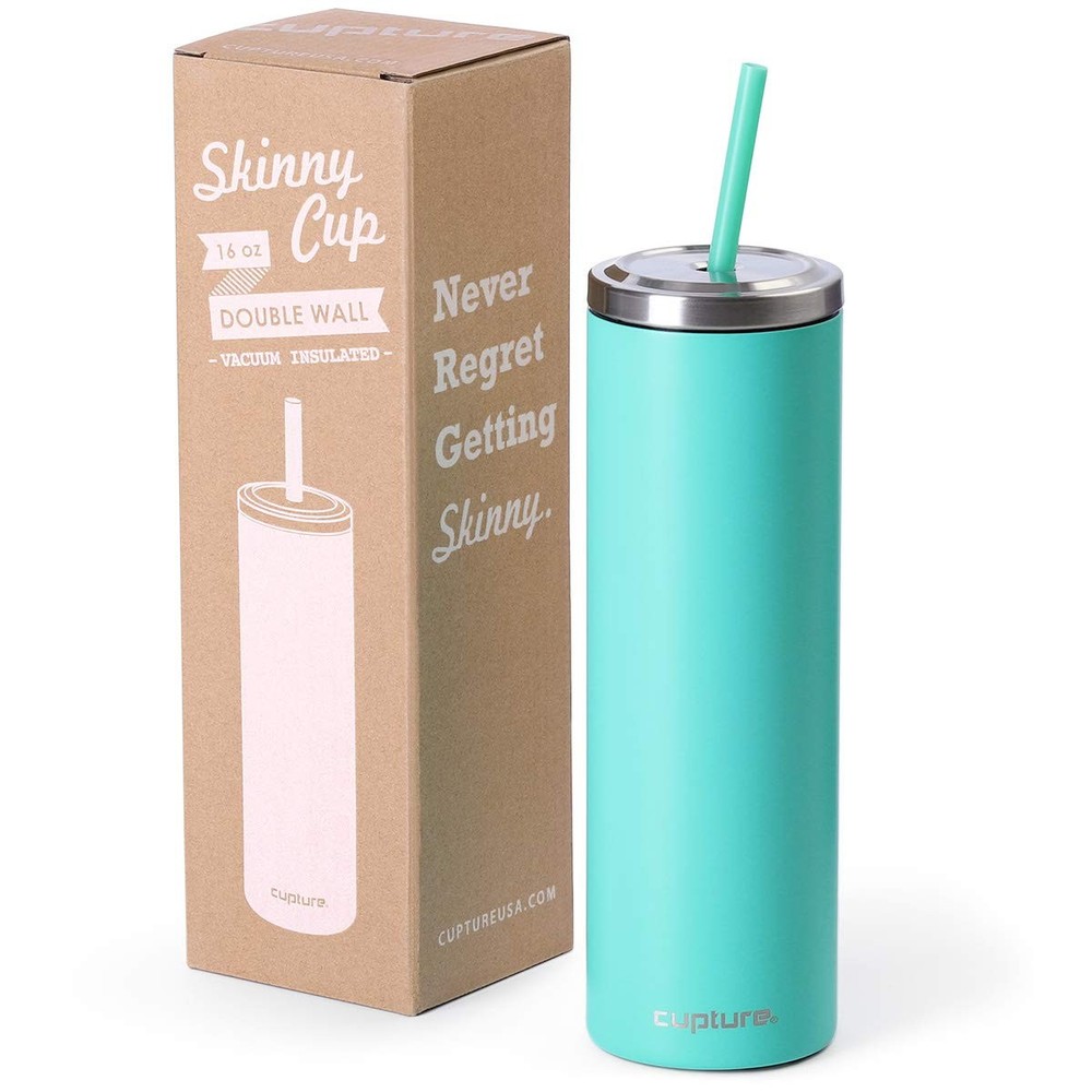 Stainless Steel Slim Insulated Tumbler Cup 16oz with Lid and Reusable Straw