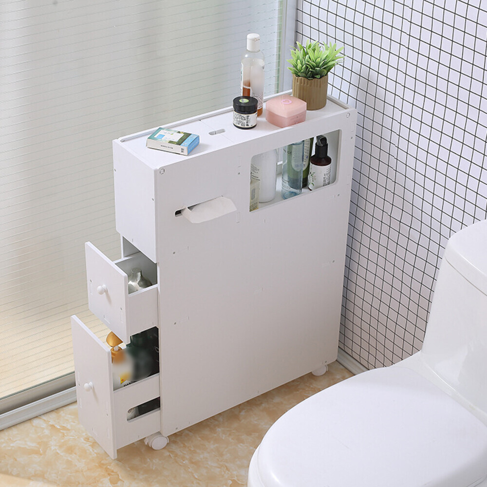 Slim White Floor Standing Bathroom Storage Cabinet Narrow Toilet Shelf Cupboard