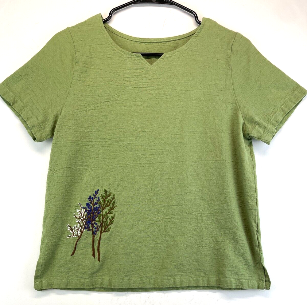 Olive Green Polyester Shirt - Womens Medium - Embroidered Flowers (1969)