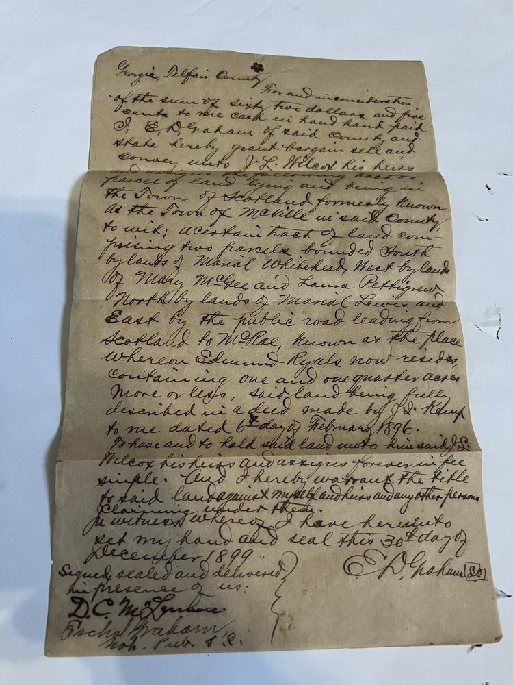 1899 Telfair County Georgia Scotland McVille Land Deed
