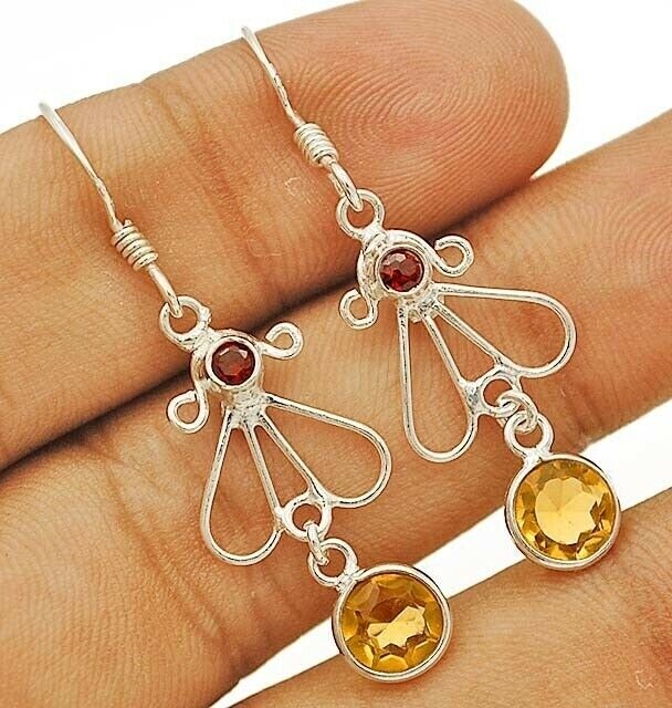 Natural Golden Citrine and Garnet 925 Sterling Silver Earrings Size 8-8