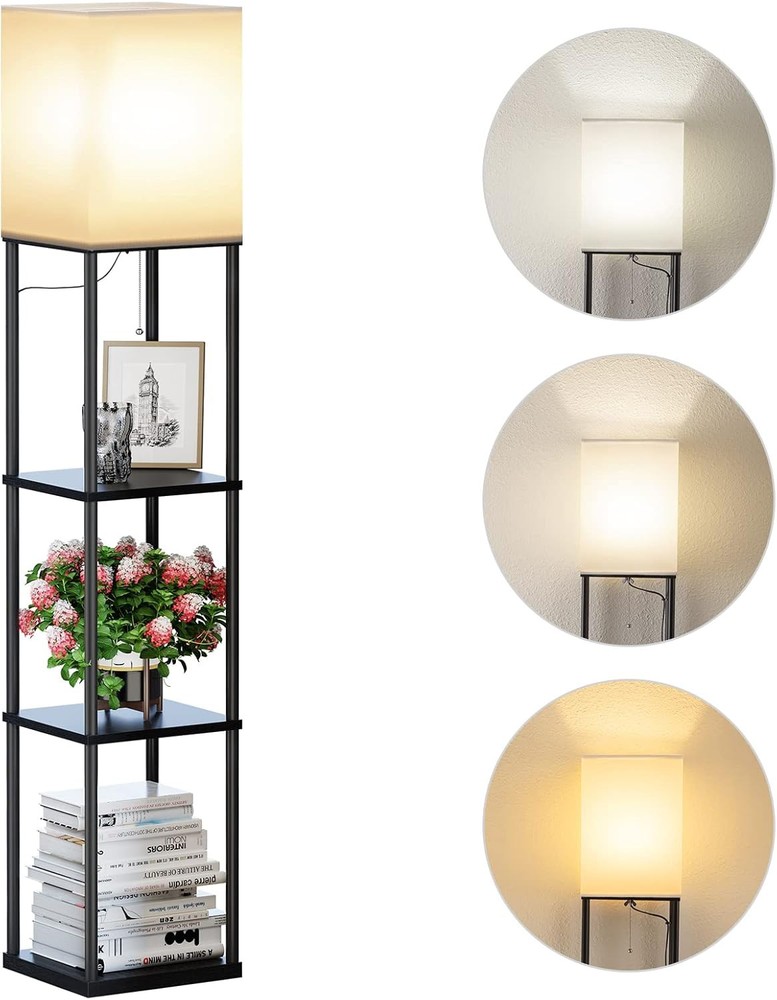 SUNMORY Floor Lamp with Shelves, Modern Square Standing 3 Black
