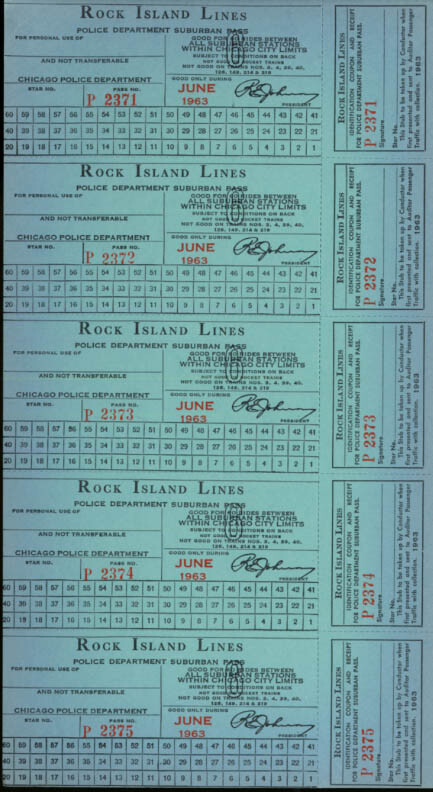 Rock Island Lines Chicago Police & Suburban Pass uncut sheet of 5 unused  6 1963