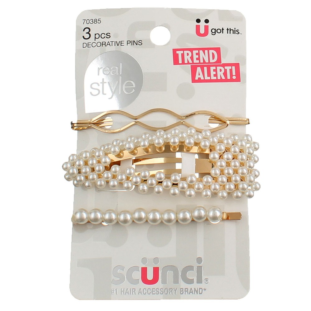 3-Count Scunci Pearl-Studded Decorative Hair Clips 3 Pack