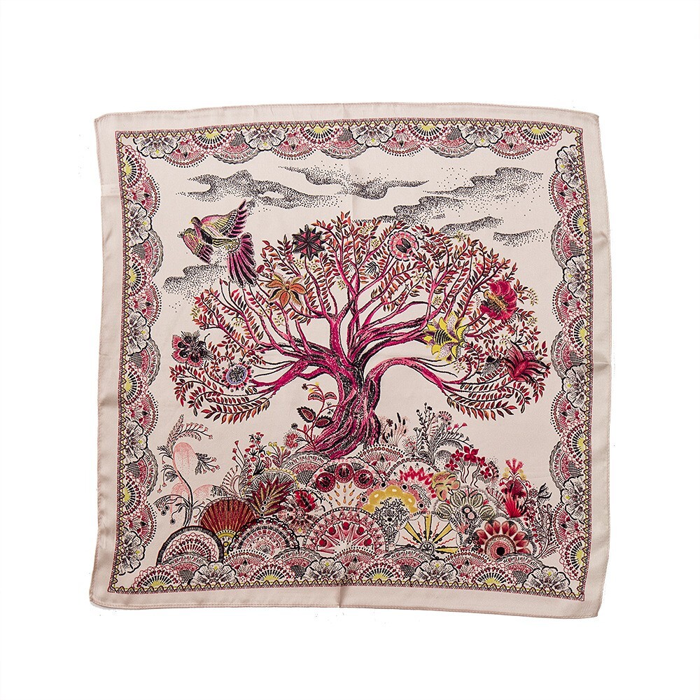 100% Silk 20'' Women Small Scarf Kerchief Bandana Neck Hairband White Red Tree