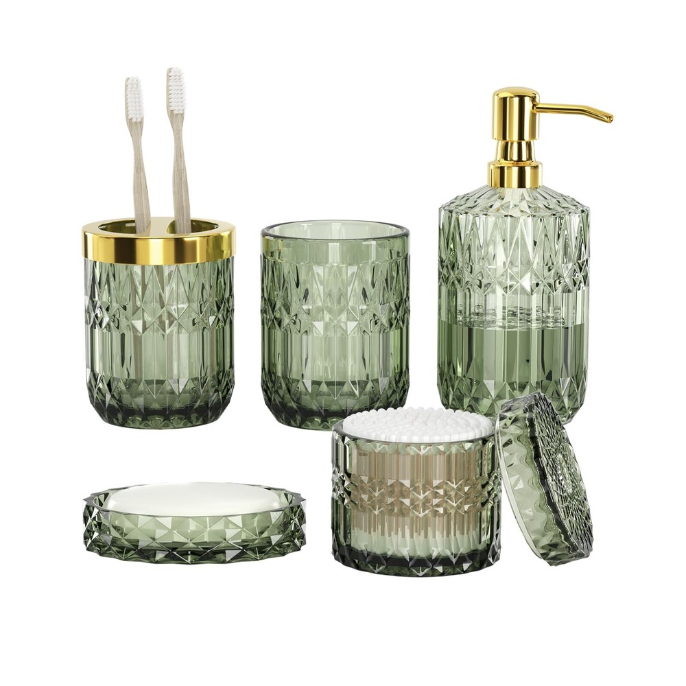Green Bathroom Accessories Set - 5 PCS Glass Bathroom Decor with Soap Dispens...