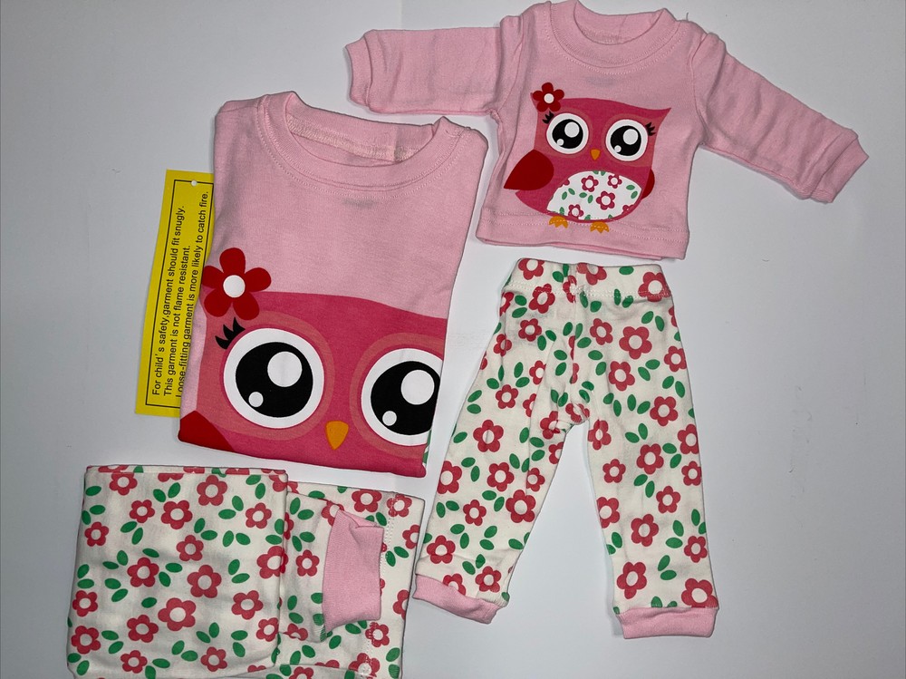 Matching Girls Pink Owl 4 Piece Cotton Pajamas Kids Clothes Sleepwear PJ Size 5