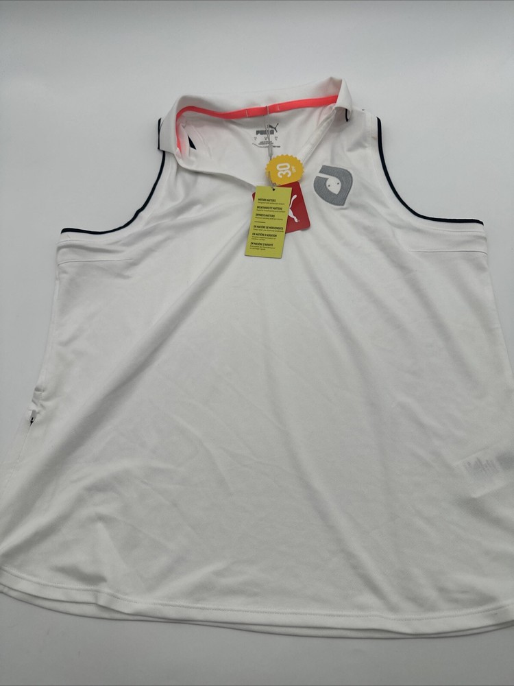 Puma Tank Top Women Large White Embroidered Collared V-Neck ..#18930