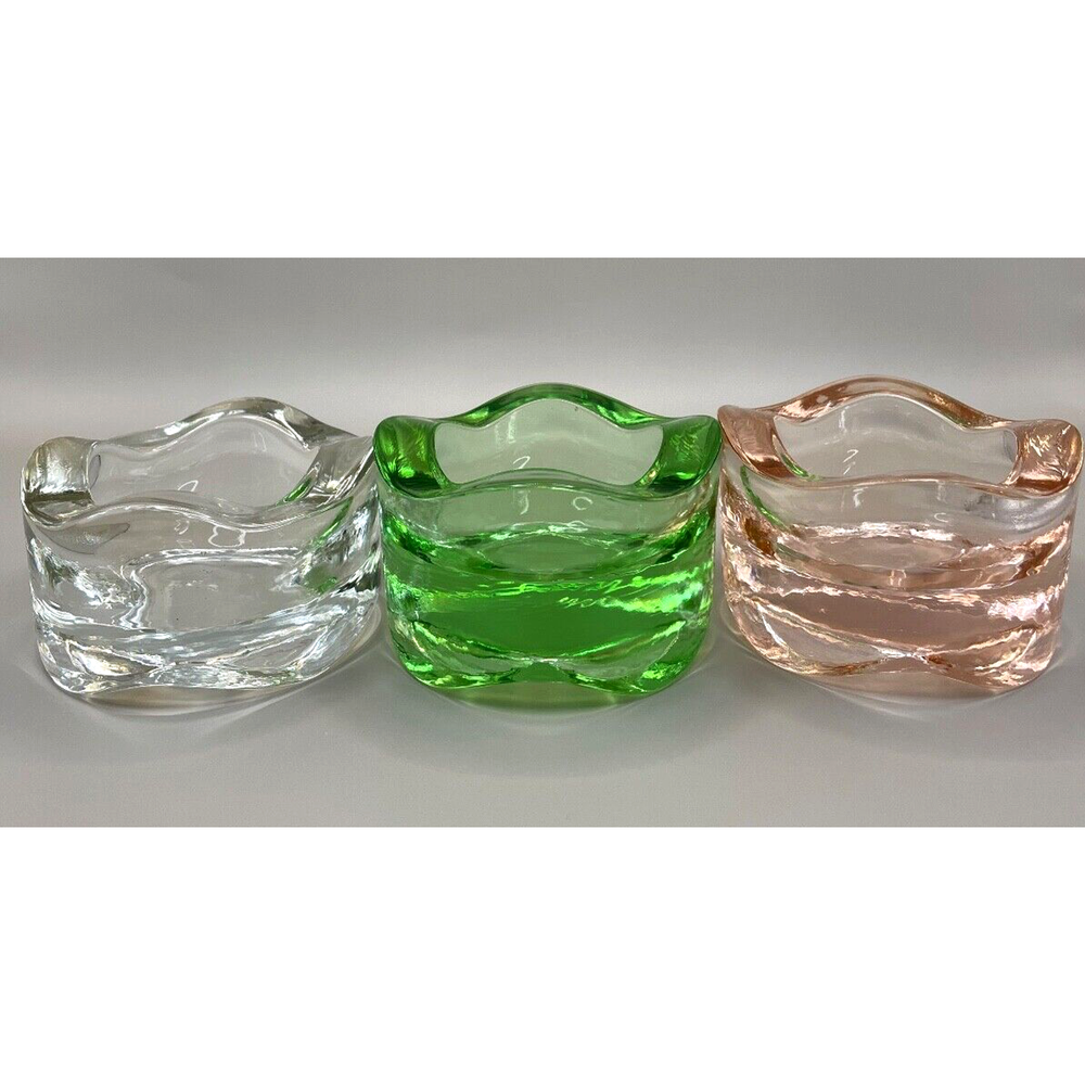 Glass Tealight Holders X3 Pink, Clear, Green Stacking Wavy Rim Thick Glass USED